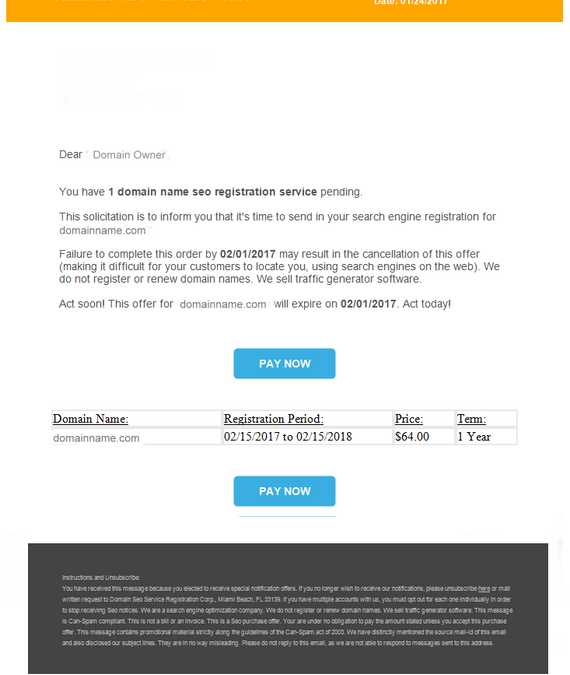 Scam Domain Renewal Emails